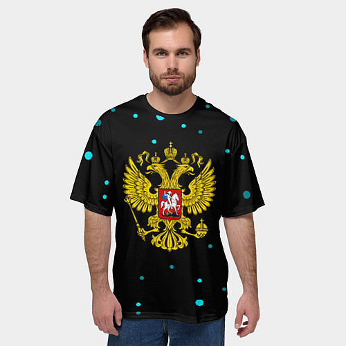 Мужская футболка оверсайз Герб РФ голубые краски / 3D-принт – фото 3