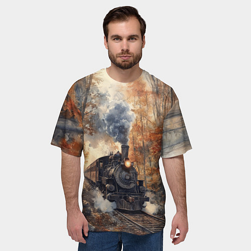 Мужская футболка оверсайз Паровоз в осеннем лесу / 3D-принт – фото 3