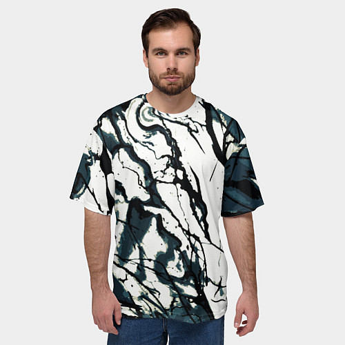 Мужская футболка оверсайз Абстрактная текстура мрамор белый с тёмно-синим / 3D-принт – фото 3