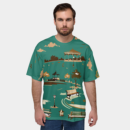 Мужская футболка оверсайз Осенний городской парк / 3D-принт – фото 3