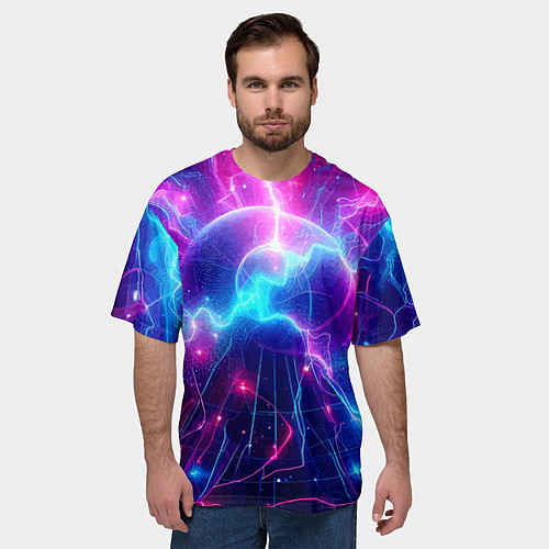 Мужская футболка оверсайз Космическая неоновая абстракция - нейроарт / 3D-принт – фото 3