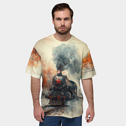 Футболка оверсайз мужская Ретро паровоз с красной звездой, цвет: 3D-принт — фото 2