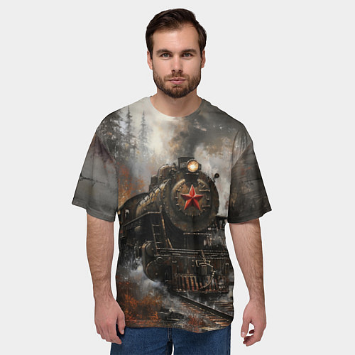 Мужская футболка оверсайз Паровоз в осеннем лесу / 3D-принт – фото 3
