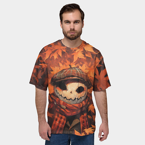 Мужская футболка оверсайз Тыквинный Джек в кепке и шарфе / 3D-принт – фото 3