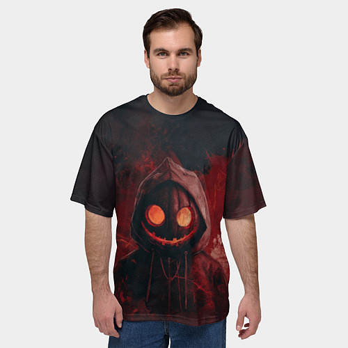 Мужская футболка оверсайз Тыквенный Джек в багровых тонах / 3D-принт – фото 3