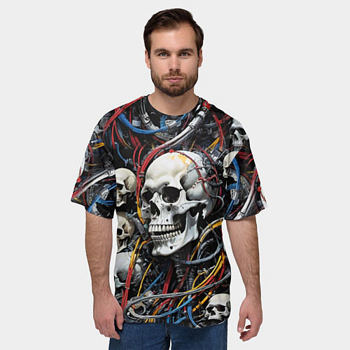 Мужская футболка оверсайз Паттерн из кибер черепов - нейроарт / 3D-принт – фото 3