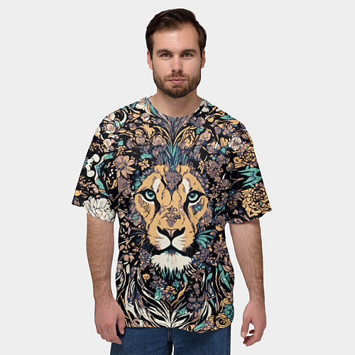 Мужская футболка оверсайз Лев с узорами и цветами / 3D-принт – фото 3