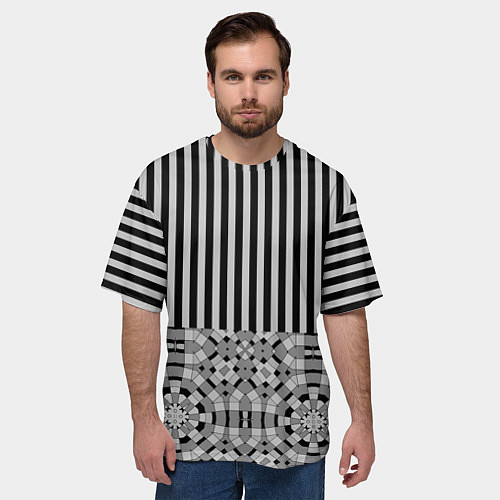 Мужская футболка оверсайз Комбинированный с геометрическим и полосатым узоро / 3D-принт – фото 3