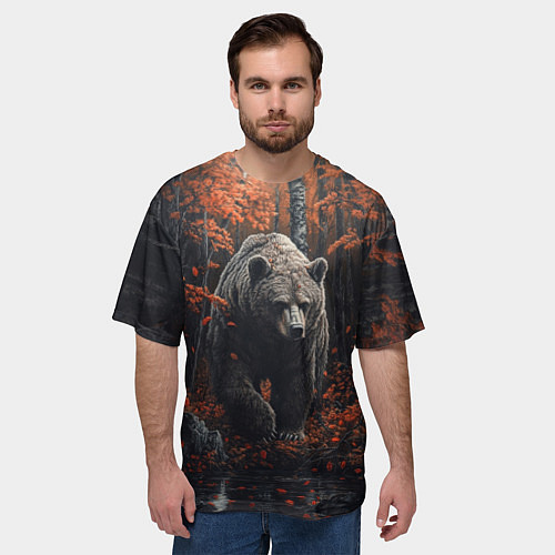 Мужская футболка оверсайз Медведь в осеннем лесу / 3D-принт – фото 3