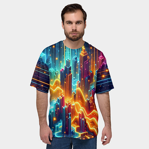 Мужская футболка оверсайз Neon metropolis - vaporwave / 3D-принт – фото 3