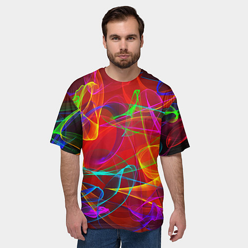 Мужская футболка оверсайз Неоновые волны дыма / 3D-принт – фото 3