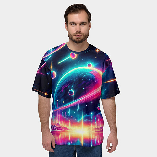 Мужская футболка оверсайз Неоновый космос - нейроарт / 3D-принт – фото 3