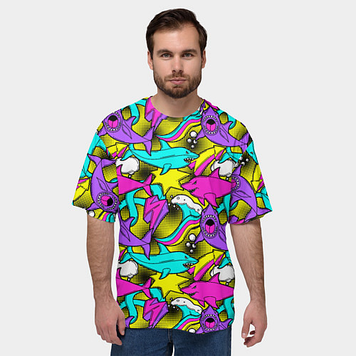 Мужская футболка оверсайз Цветные акулы паттерн / 3D-принт – фото 3