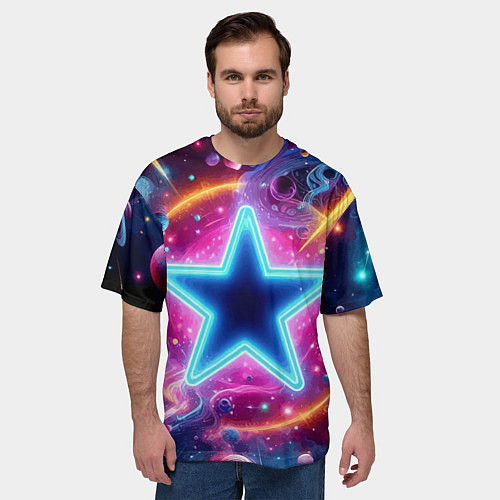 Мужская футболка оверсайз Звезда в неоновом космосе - нейроарт / 3D-принт – фото 3