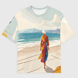 Мужская футболка оверсайз Летний пейзаж с женщиной на пляже