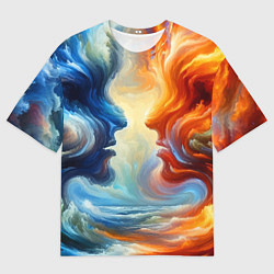 Футболка оверсайз мужская Профили парня и девушки - две стихии, цвет: 3D-принт