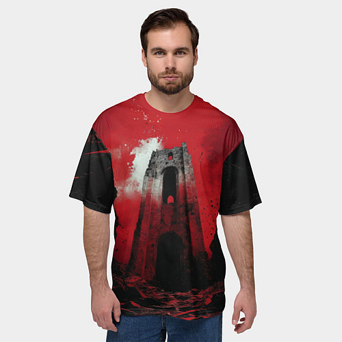 Мужская футболка оверсайз Забытая башня в красных тонах / 3D-принт – фото 3