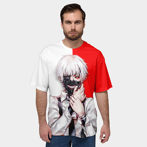 Мужская футболка оверсайз Кен Канеки - иероглифы Токийский гуль / 3D-принт – фото 3