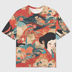 Мужская футболка оверсайз Японский орнамент с девушкой