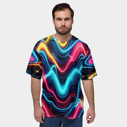 Мужская футболка оверсайз Хаотичные неоновые полосы - абстракция / 3D-принт – фото 3