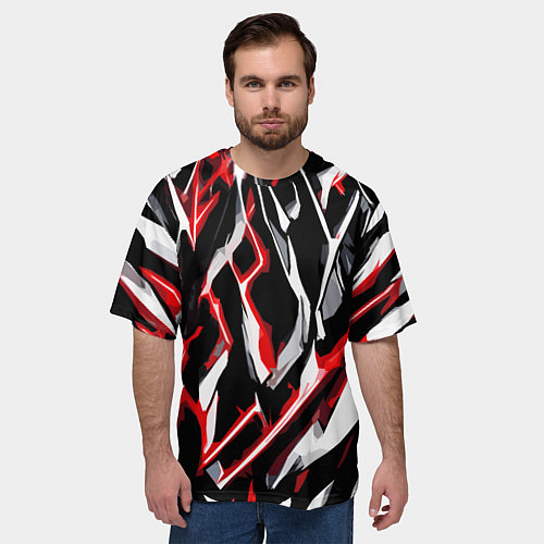 Мужская футболка оверсайз Красно-белые агрессивные полосы на чёрном фоне / 3D-принт – фото 3