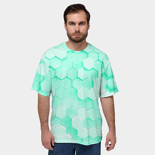 Мужская футболка оверсайз Ярко бирюзовые соты / 3D-принт – фото 3