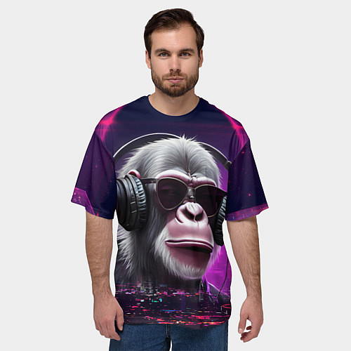 Мужская футболка оверсайз DJ monkey - Neon city / 3D-принт – фото 3