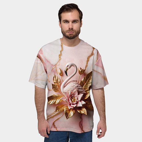 Мужская футболка оверсайз Розовый фламинго и лотос из мрамора и золота / 3D-принт – фото 3