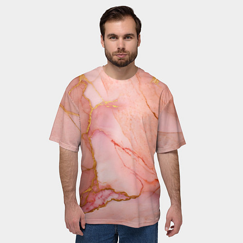 Мужская футболка оверсайз Текстура розового мрамора с золотом / 3D-принт – фото 3