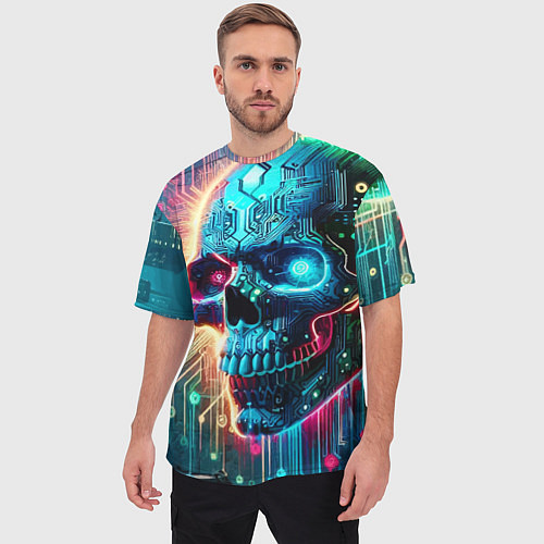 Мужская футболка оверсайз Cool cyber skull - neon glow / 3D-принт – фото 3