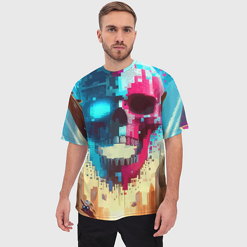 Мужская футболка оверсайз Cool vanguard neon cyber skull - ai art / 3D-принт – фото 3