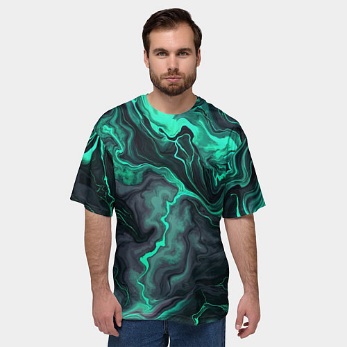 Мужская футболка оверсайз Бирюзовый мрамор на черном фоне / 3D-принт – фото 3