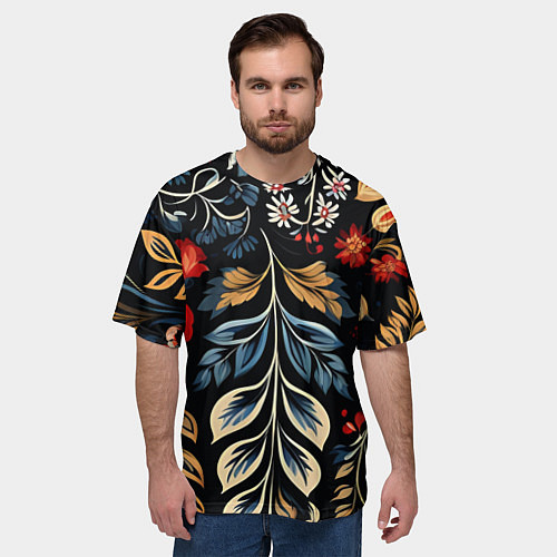 Мужская футболка оверсайз Русские узоры на черном фоне / 3D-принт – фото 3