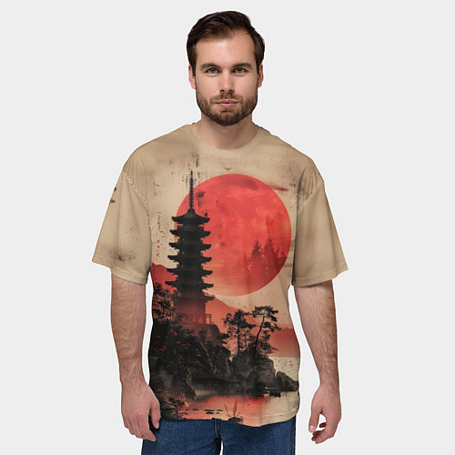 Мужская футболка оверсайз Башня на фоне алого заката - Япония / 3D-принт – фото 3
