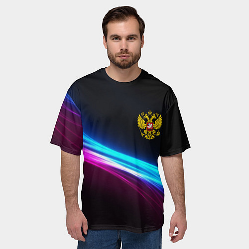 Мужская футболка оверсайз Россия неоновые волны / 3D-принт – фото 3