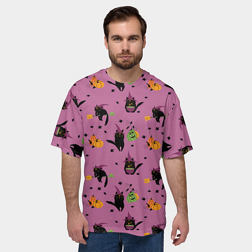 Мужская футболка оверсайз Хэллоуин и кот ведьмы / 3D-принт – фото 3