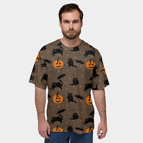 Мужская футболка оверсайз Хэллоуин и кот / 3D-принт – фото 3
