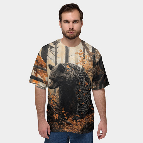 Мужская футболка оверсайз Медведь в осенней чаще / 3D-принт – фото 3