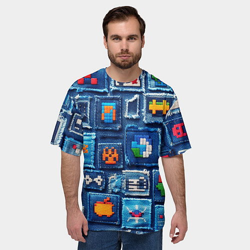 Мужская футболка оверсайз Пиксельные символы на пэчворк / 3D-принт – фото 3