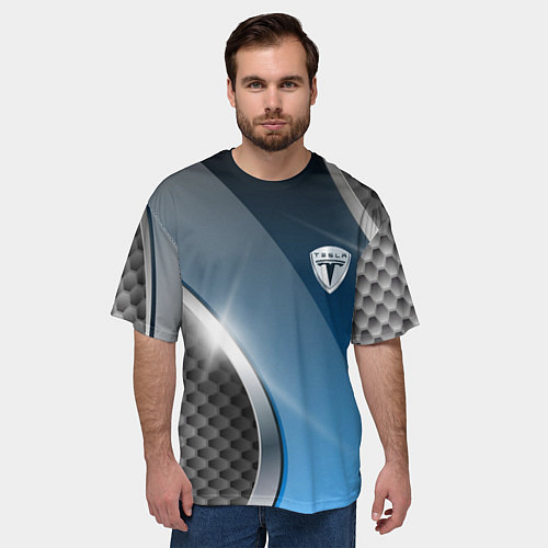 Мужская футболка оверсайз Tesla carbon steel / 3D-принт – фото 3