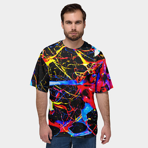 Мужская футболка оверсайз Неоновые брызги красок / 3D-принт – фото 3