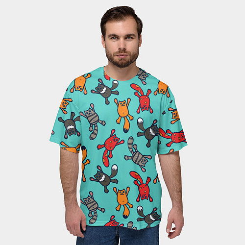 Мужская футболка оверсайз Цветные котики паттерн / 3D-принт – фото 3