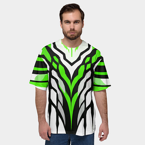 Мужская футболка оверсайз Агрессивные чёрно-зелёные полосы на белом фоне / 3D-принт – фото 3