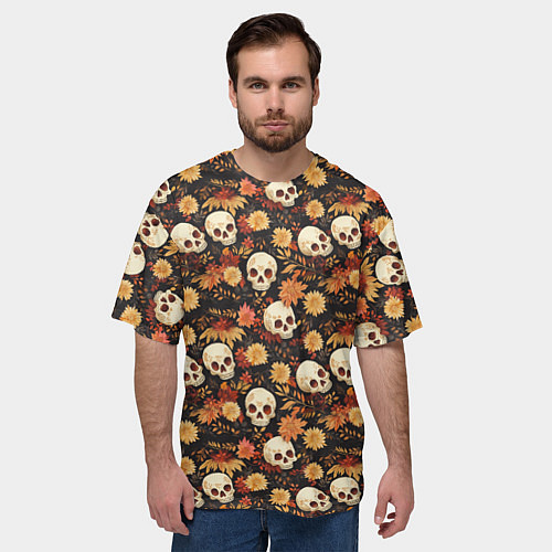 Мужская футболка оверсайз Черепа и цветы - паттерн / 3D-принт – фото 3