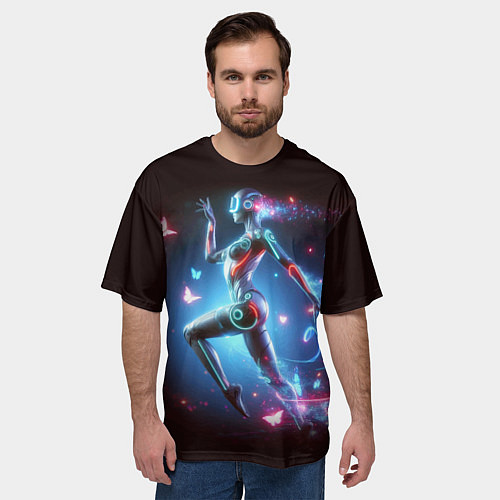 Мужская футболка оверсайз Cyber girl and butterflies - neon glow fantasy / 3D-принт – фото 3