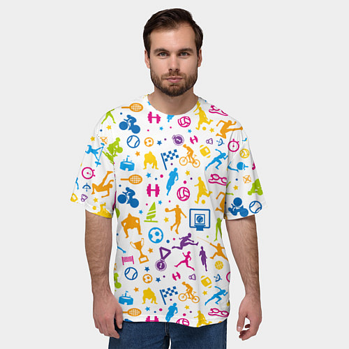 Мужская футболка оверсайз Все виды спорта на белом фоне / 3D-принт – фото 3