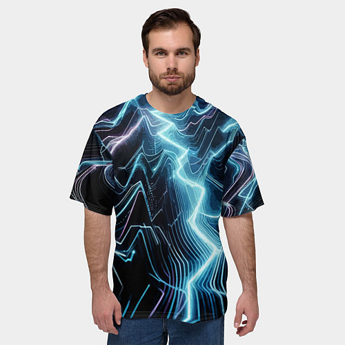 Мужская футболка оверсайз Разряд молнии - неоновое свечение / 3D-принт – фото 3