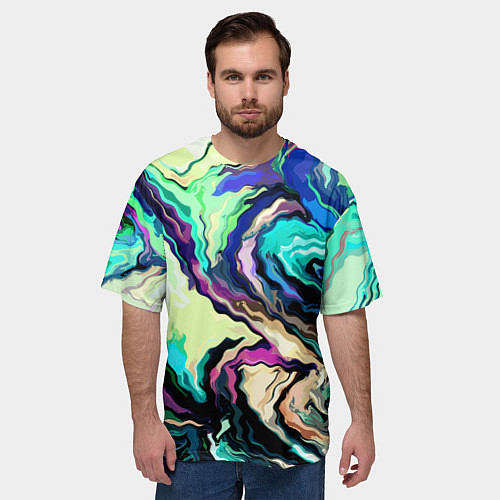 Мужская футболка оверсайз Абстракция смесь красок сине-зелёный / 3D-принт – фото 3