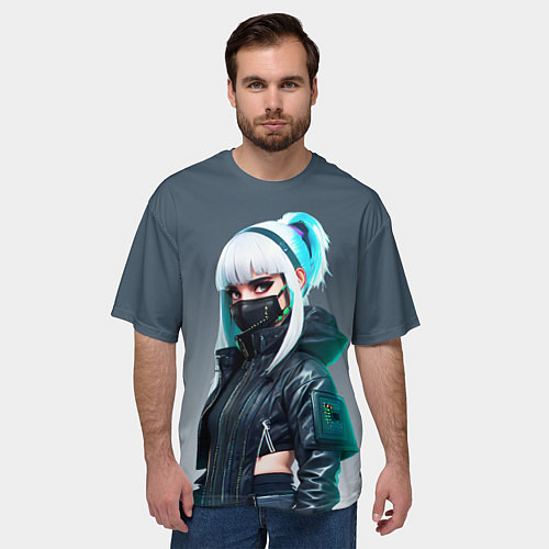 Мужская футболка оверсайз Красивая блондинка в маске - киберпанк / 3D-принт – фото 3