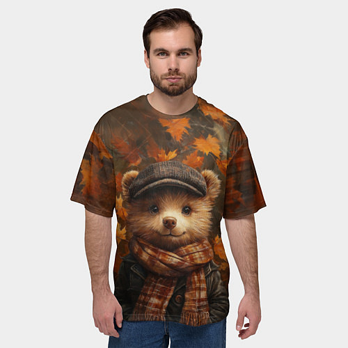 Мужская футболка оверсайз Медвежонок в кепке и шарфе / 3D-принт – фото 3